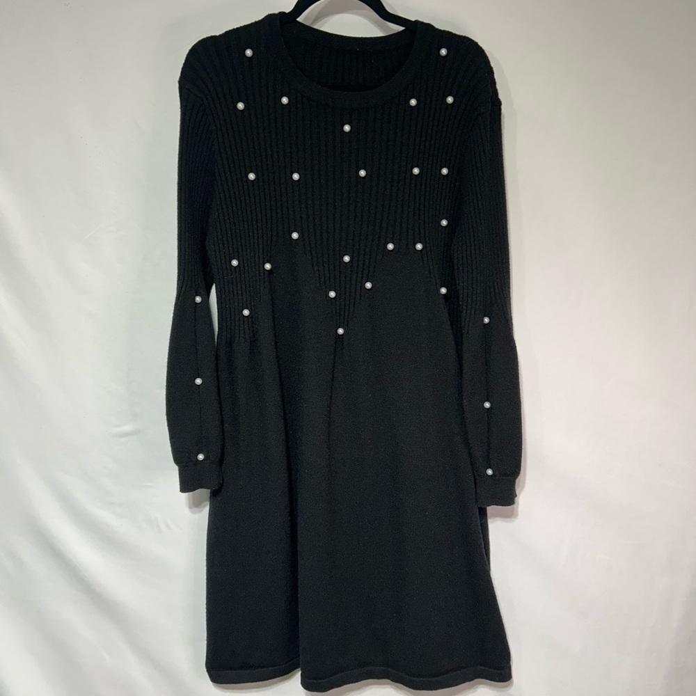 Black plus size a-line sweater dress with pearl embellishments. 2XL. Crew neck.